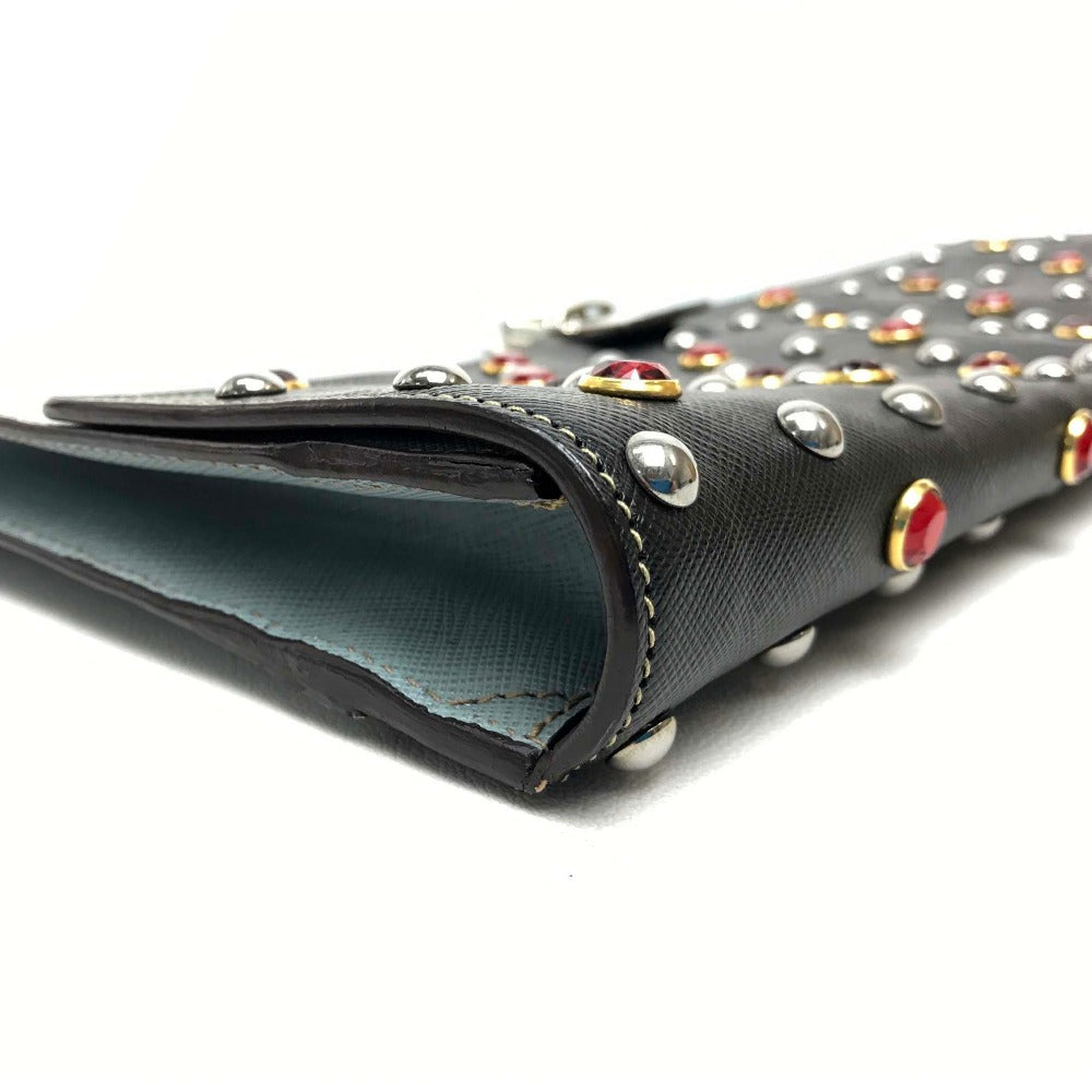 PRADA VR074C Saffiano Bejeweled and Studded Leather Flap Clutch Bag in Black