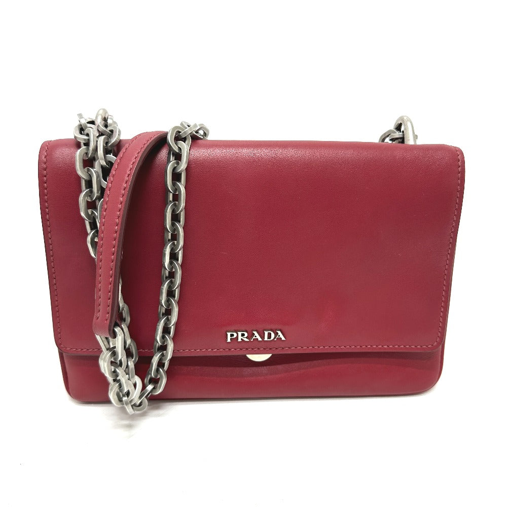 PRADA 1BD009 Logo Chain Bag Crossbody Shoulder Bag Leather Women's Red