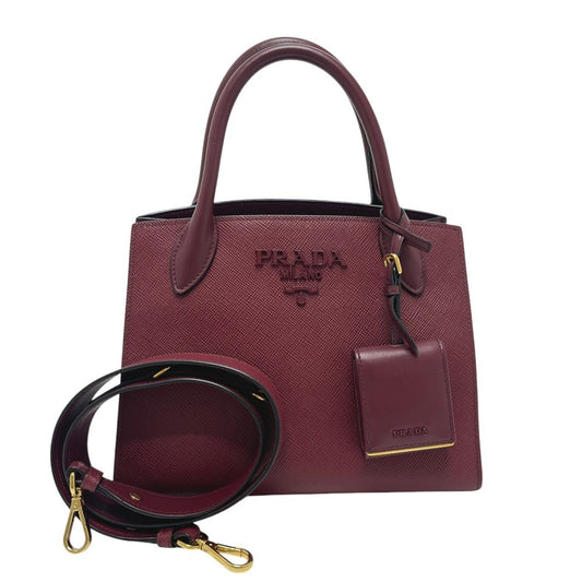 PRADA 1BA156 logo monochrome 2-Way Shoulder Bag with Mirror and Charm Pouch Hand Bag Safiano leather wine-red Used