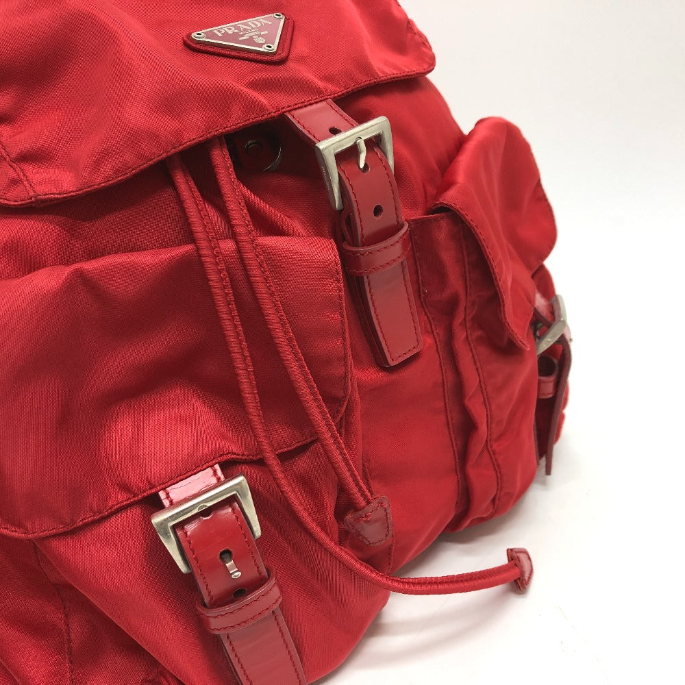 PRADA バックパック ロゴプレート 三角 トライアングルロゴ Wポケット カバン リュックサック ナイロン レディース レッド