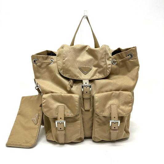 PRADA 1BZ811 トライアングルロゴ Wポケット ポーチ付 デイパック バックパック リュックサック ナイロン レディース ベージュ