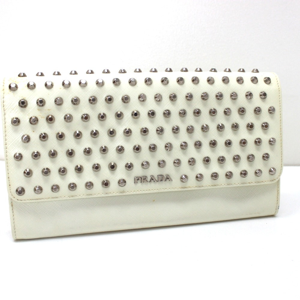 PRADA Wallet Bag, Studded Clutch Wallet, Long Wallet, Leather, Women's, White