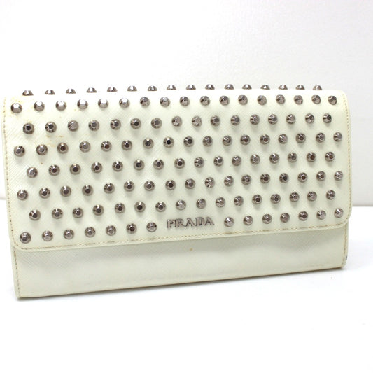 PRADA Wallet Bag, Studded Clutch Wallet, Long Wallet, Leather, Women's, White