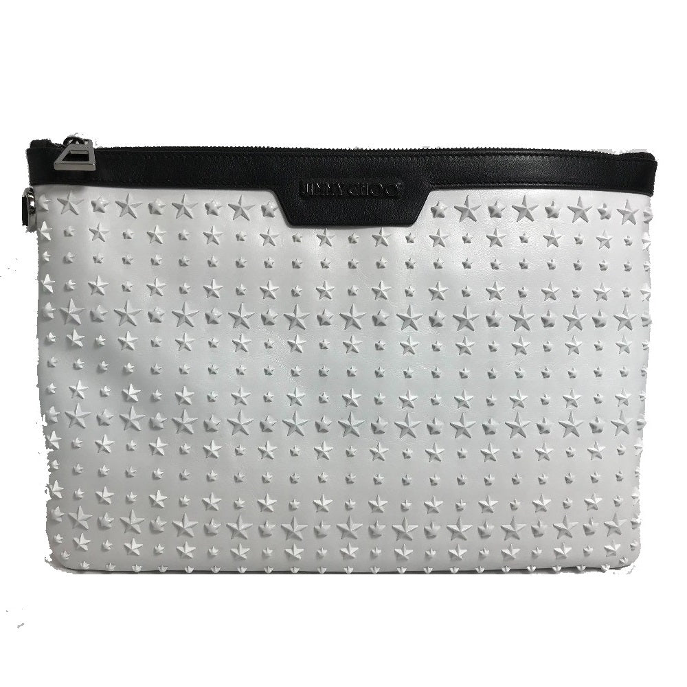 JIMMY CHOO Star Stud DEREK Leather Clutch Bag for Men, White and Black