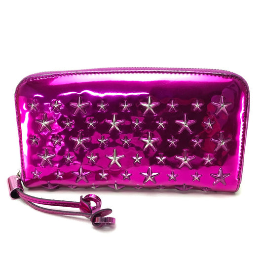 JIMMY CHOO 163FILIPA.CIM Round Zip Long Wallet, Filipa Star Studs, Patent Leather, Unisex, Purple, Metallic Purple