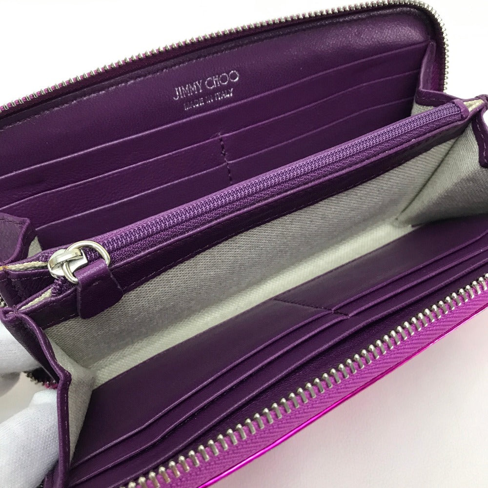 JIMMY CHOO 163FILIPA.CIM Round Zip Long Wallet, Filipa Star Studs, Patent Leather, Unisex, Purple, Metallic Purple