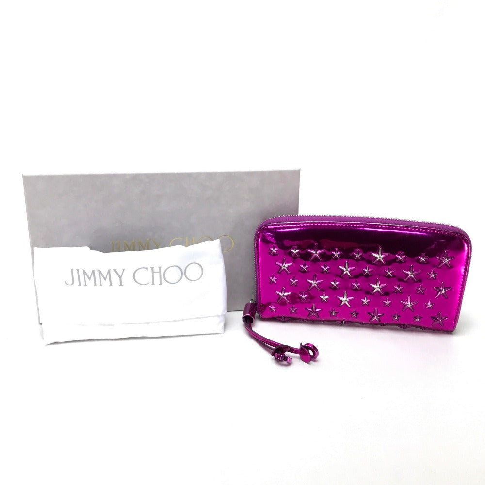 JIMMY CHOO 163FILIPA.CIM Round Zip Long Wallet, Filipa Star Studs, Patent Leather, Unisex, Purple, Metallic Purple