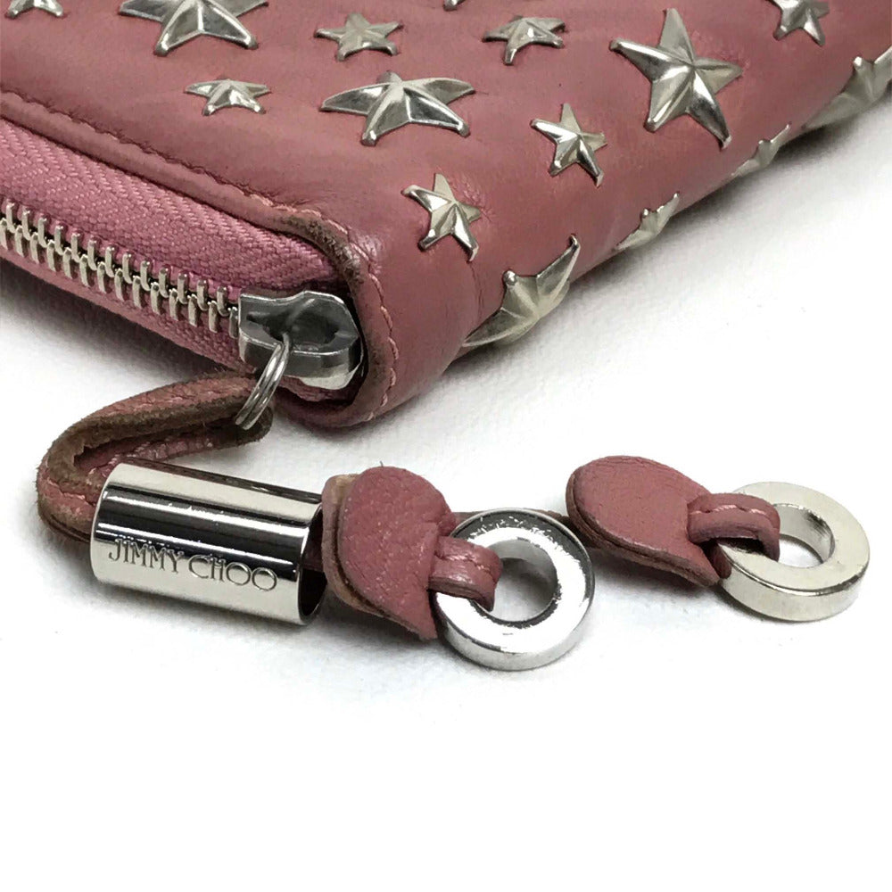 JIMMY CHOO Star Studs Round Zip Long Wallet, Lamb Leather, Women's, Rose Pink