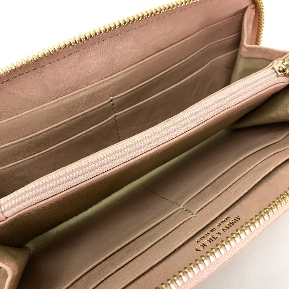 JIMMY CHOO Women's Lambskin Wallet with Strap, Long Wallet with Round Zipper, Pink Beige