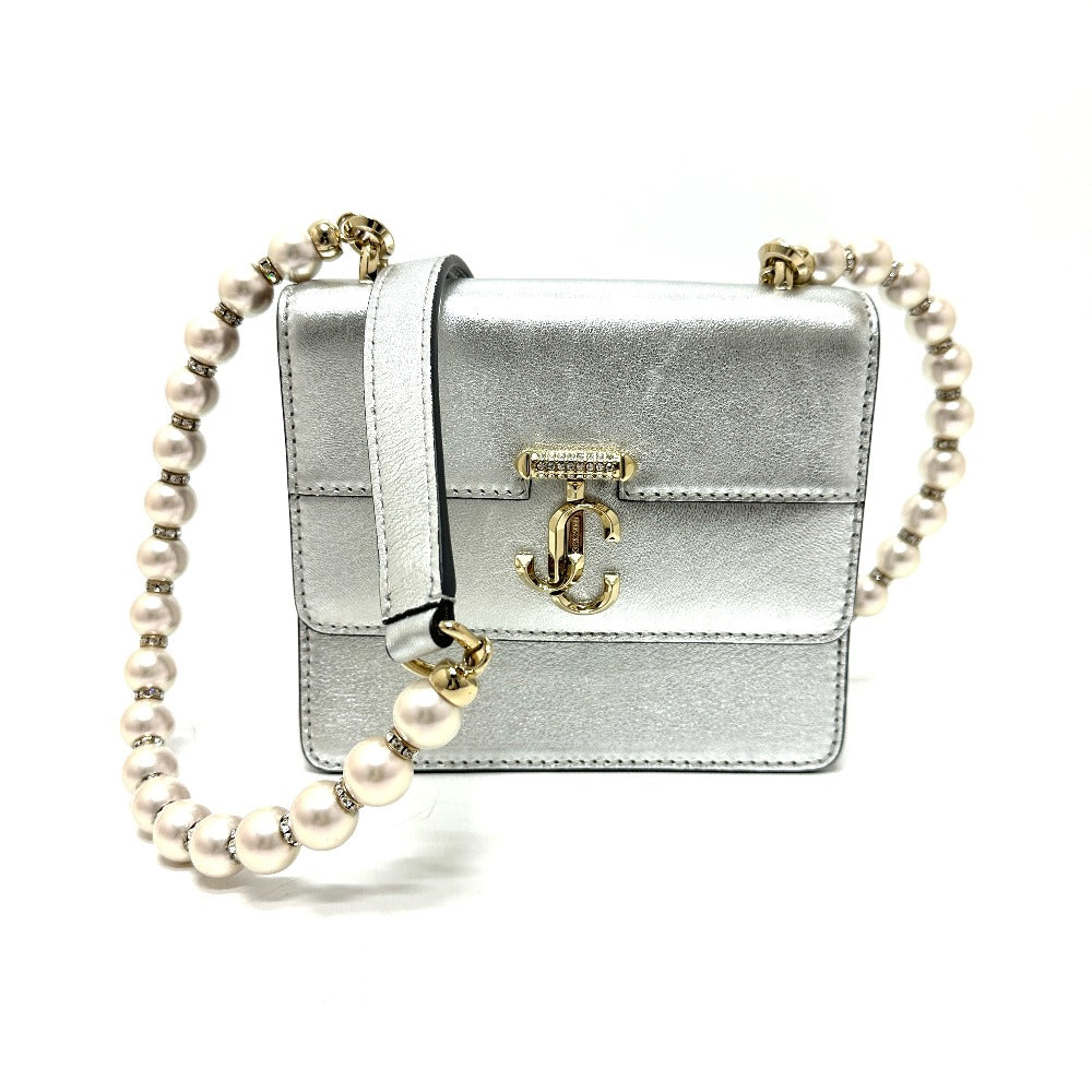 JIMMY CHOO アヴェニュークアッド フェイクパールチェーン ショルダーバッグ レザー レディース シルバー