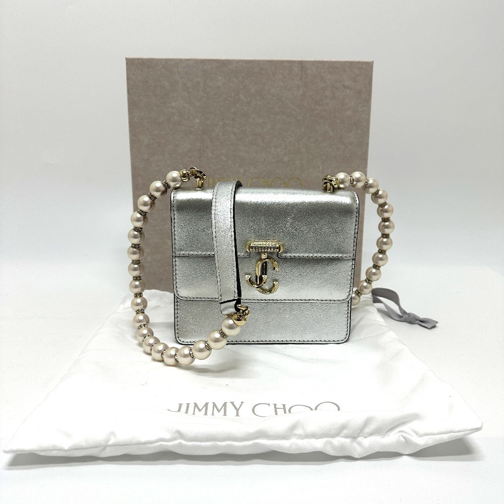 JIMMY CHOO アヴェニュークアッド フェイクパールチェーン ショルダーバッグ レザー レディース シルバー