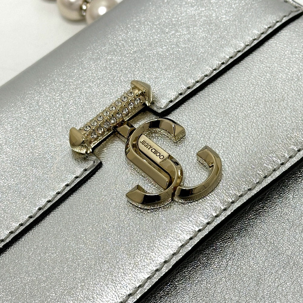 JIMMY CHOO アヴェニュークアッド フェイクパールチェーン ショルダーバッグ レザー レディース シルバー