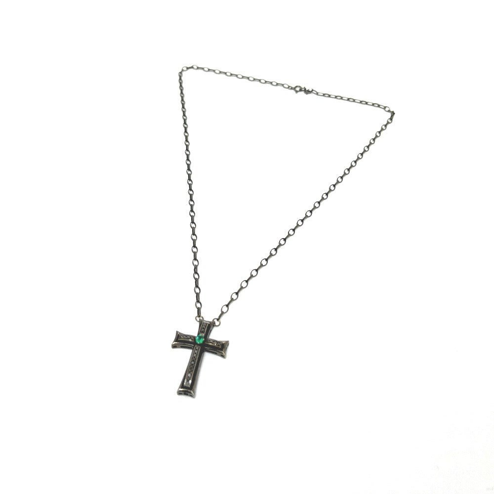 VARTIX K10 Black-Finished Cross Emerald and Black Diamond Chain Necklace, K10, Unisex, Black