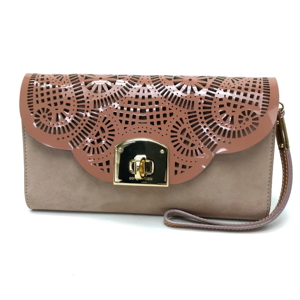 Sergio Rossi Pouch Clutch Bag, Mini Bag, Party Bag, Suede/Patent Leather, Women's, Pink Beige