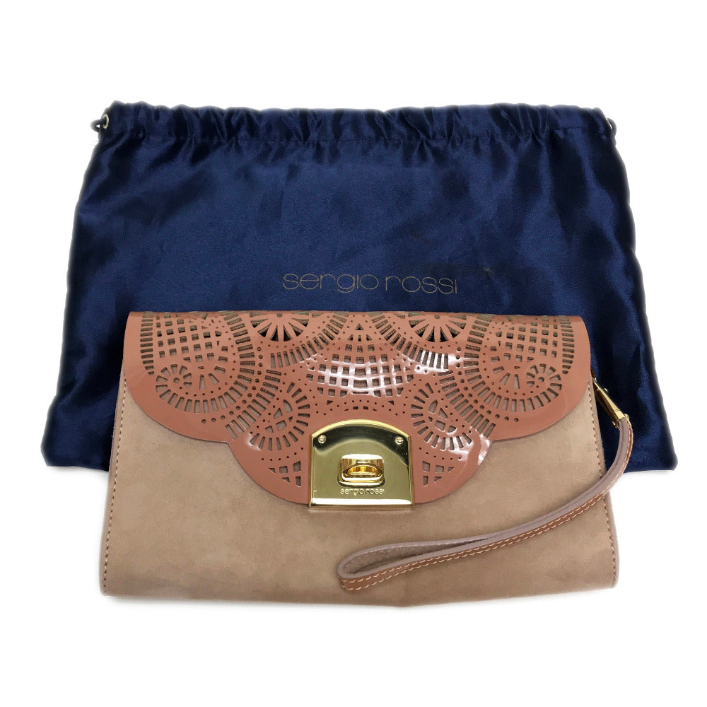 Sergio Rossi Pouch Clutch Bag, Mini Bag, Party Bag, Suede/Patent Leather, Women's, Pink Beige