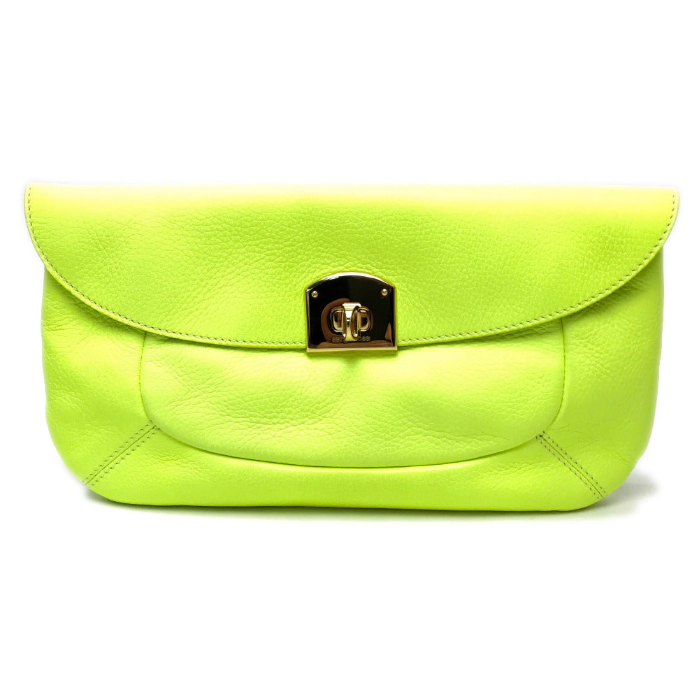 Sergio Rossi Turnlock Clutch Bag, Party Bag, Leather, Fluorescent Yellow, Women's
