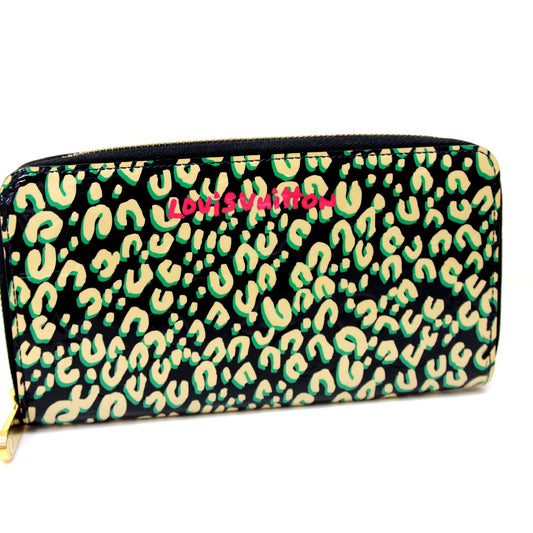 LOUIS VUITTON M91475 Vernis Leopard Print Zippy Wallet, Round Zip Long Wallet, Patent Leather, Women's, Blue Infini, Black