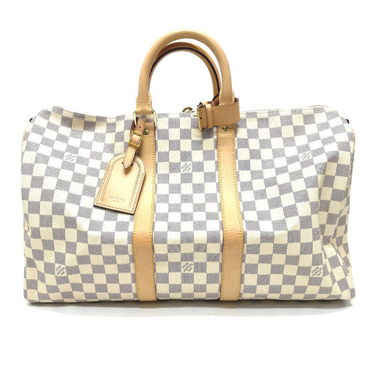 LOUIS VUITTON N48223 Damier Azur Keepall Bandouliere 45 Boston Bag in Damier Azur Canvas, Women's, White