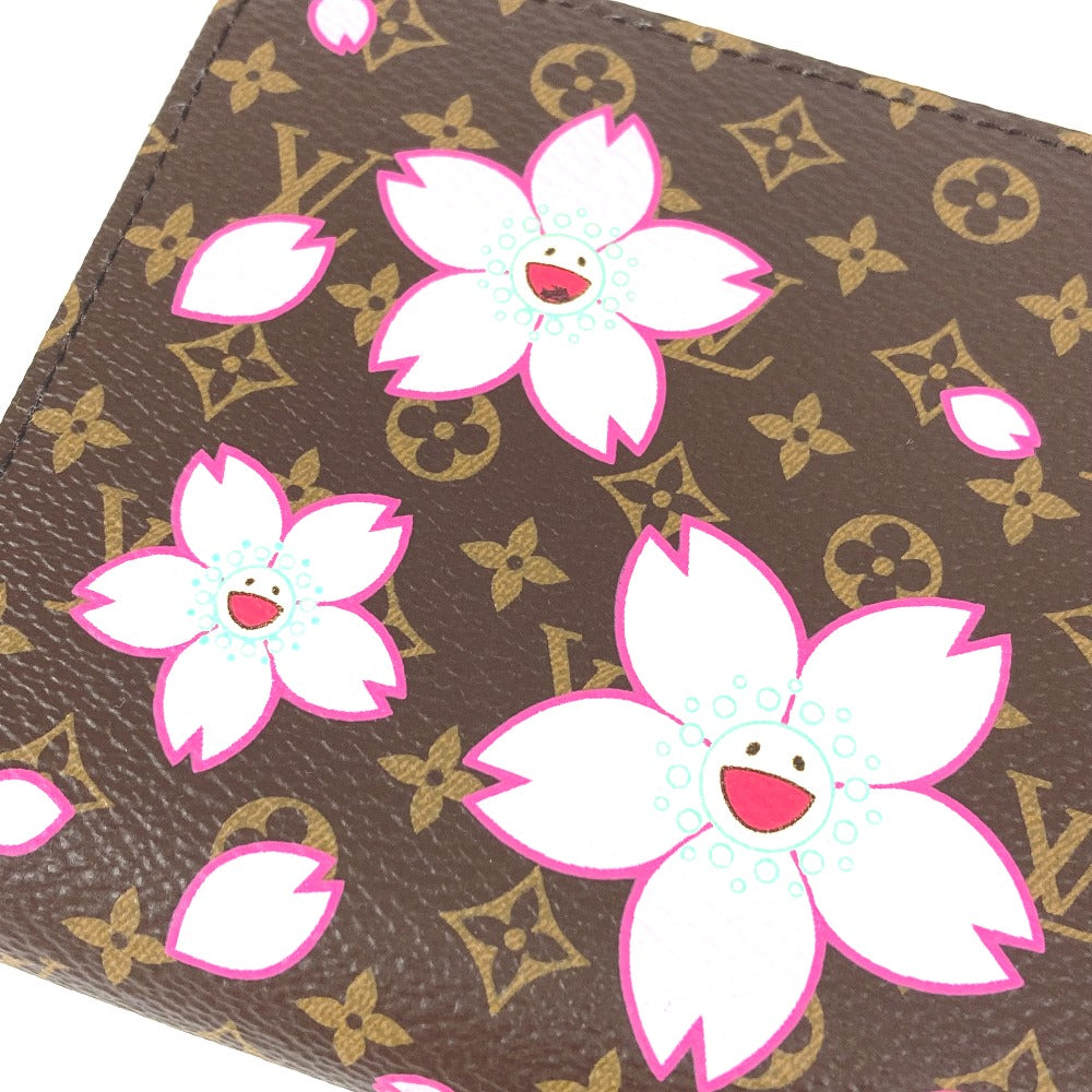 LOUIS VUITTON M13433 무라카미 타카시 모노그램 LV × TM 지피 지갑 장 지갑 벚꽃 장 지갑 모노그램 캔버스 여성 브라운