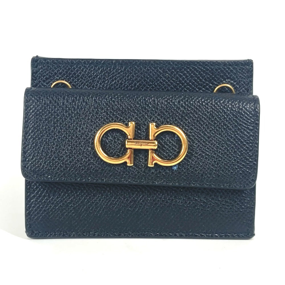 Salvatore Ferragamo Wallet Coin Purse Crossbody Pouch Gancini Logo Card Coin Case Card Case with Chain Business Card Holder Coin Case Leather Women's Black