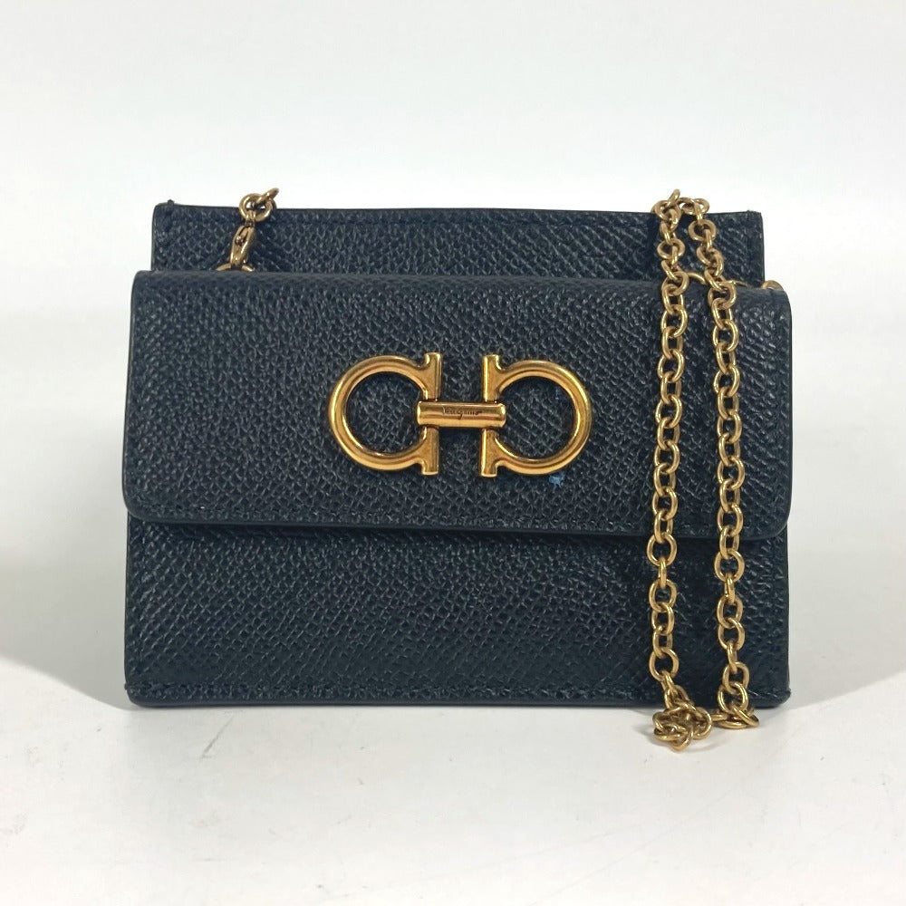 Salvatore Ferragamo Wallet Coin Purse Crossbody Pouch Gancini Logo Card Coin Case Card Case with Chain Business Card Holder Coin Case Leather Women's Black