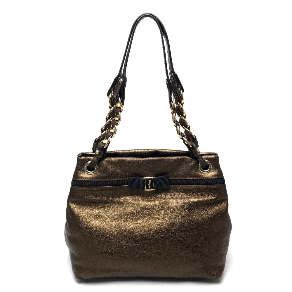 Salvatore Ferragamo Vara Ribbon Handbag, Chain Shoulder Bag, Tote Bag, Leather, Women's, Bronze