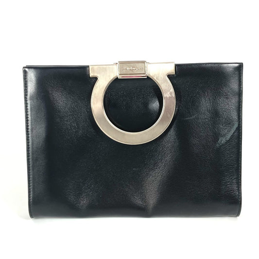 Salvatore Ferragamo Big Gancini Logo Pouch Bag Clutch Bag Leather Unisex Black