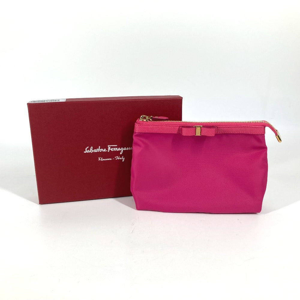 Salvatore Ferragamo リボン ロゴ りぼん ヴァラ メイクポーチ マルチポーチ 化粧ポーチ ナイロン レディース ピンク - brandshop-reference