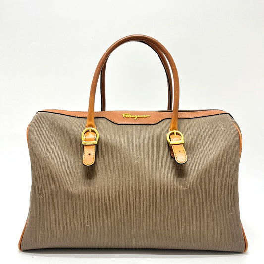Salvatore Ferragamo AG219155 Logo Two-Tone Handbag/Boston Bag in PVC/Leather, Brown