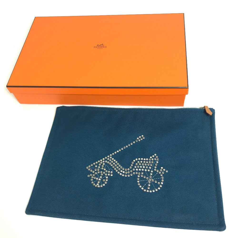 HERMES Bicycle Stud Velocipedi Stud Flat Pouch GM Canvas Unisex Blue