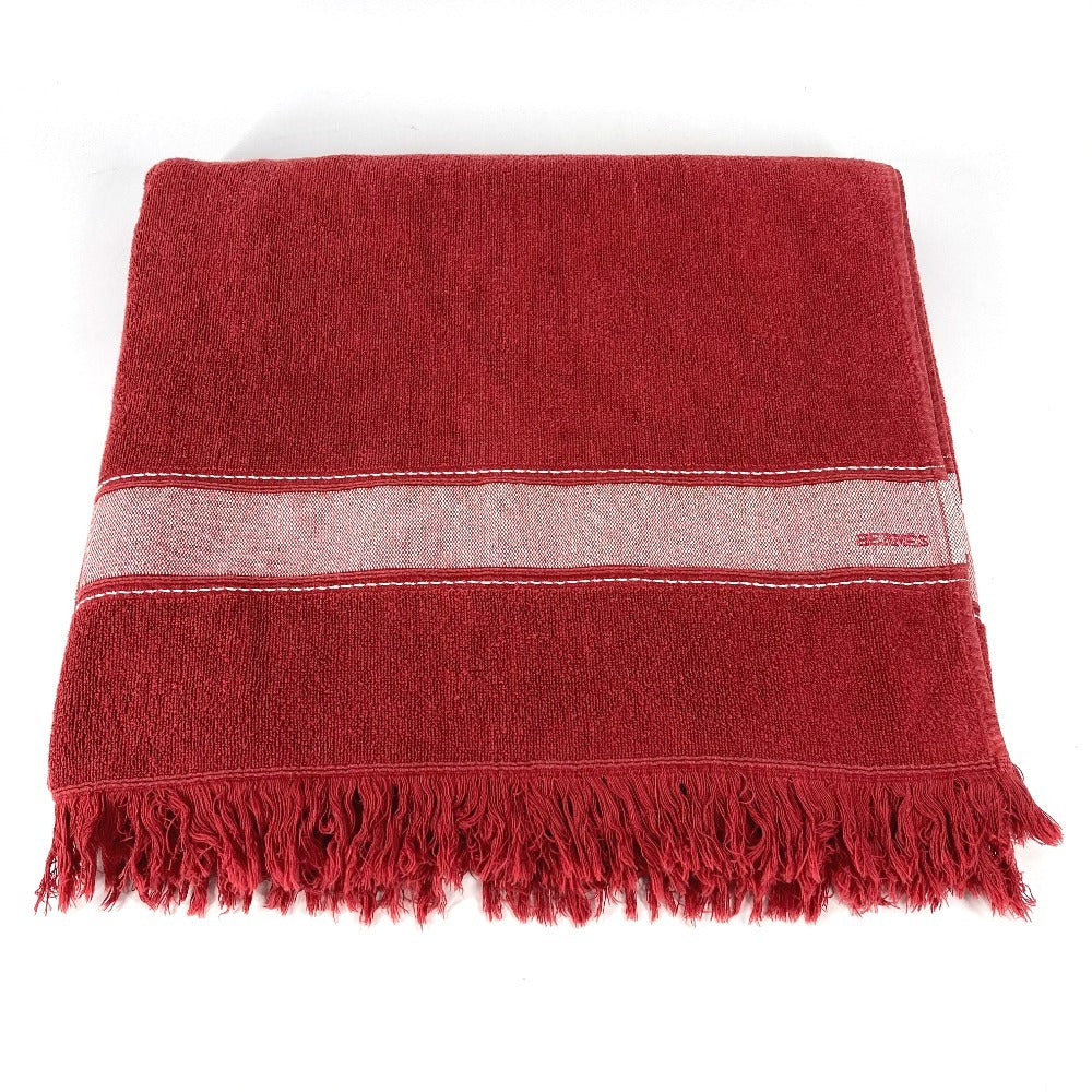 HERMES バスタオル インテリア ひざかけ ブランケット ビーチタオル ヨッティング ロゴ フリンジ タオル コットン ユニセックス レッド - brandshop-reference