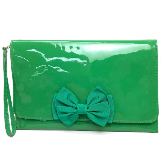 VALENTINO Red Valentino Enamel Clutch Bag with Ribbon Strap, Patent Leather, Green, Women's