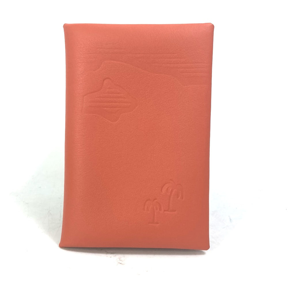 HERMES Business Card Holder/Pass Case with Calvi Palm Tree Design, Bifold Card Case, Swift, Unisex, Orange