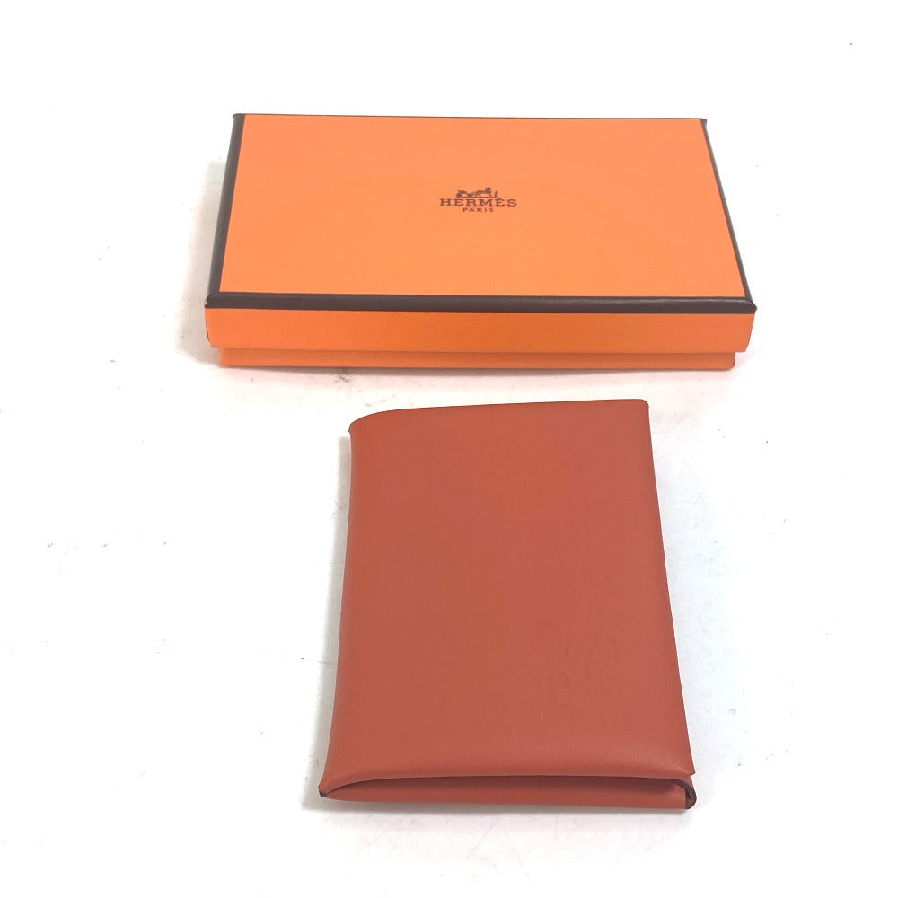 HERMES Business Card Holder/Pass Case with Calvi Palm Tree Design, Bifold Card Case, Swift, Unisex, Orange