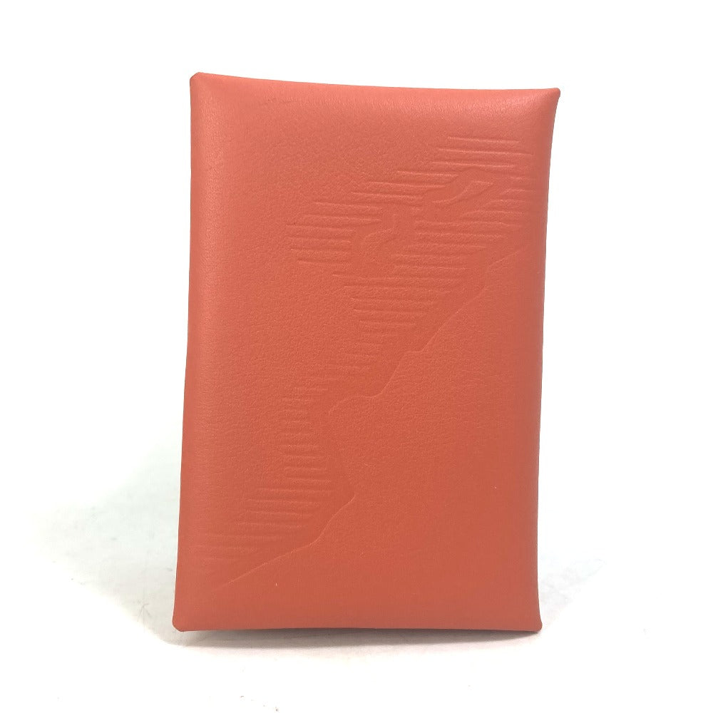 HERMES Business Card Holder/Pass Case with Calvi Palm Tree Design, Bifold Card Case, Swift, Unisex, Orange