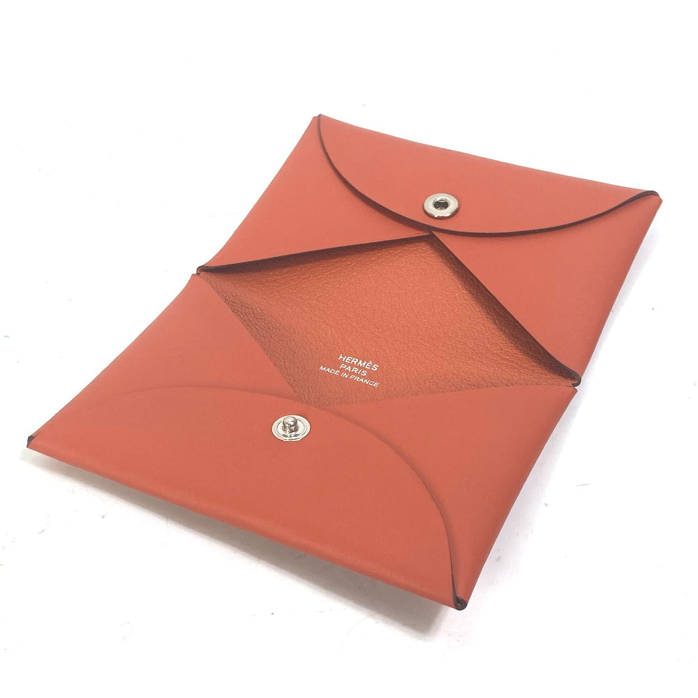 HERMES Business Card Holder/Pass Case with Calvi Palm Tree Design, Bifold Card Case, Swift, Unisex, Orange