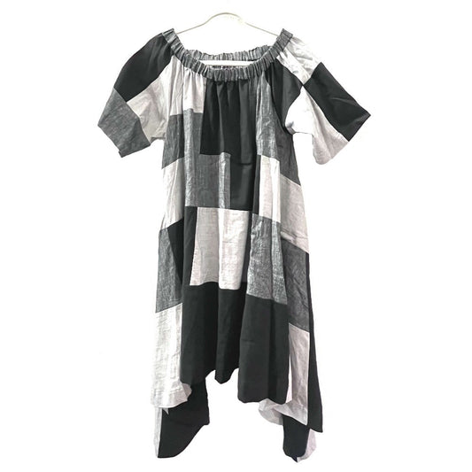 mikomori C0015 A1LR01 アパレル パッチワーク オフショルダー 半袖 ドレス フレア ワンピース レディース グレー×ブラック