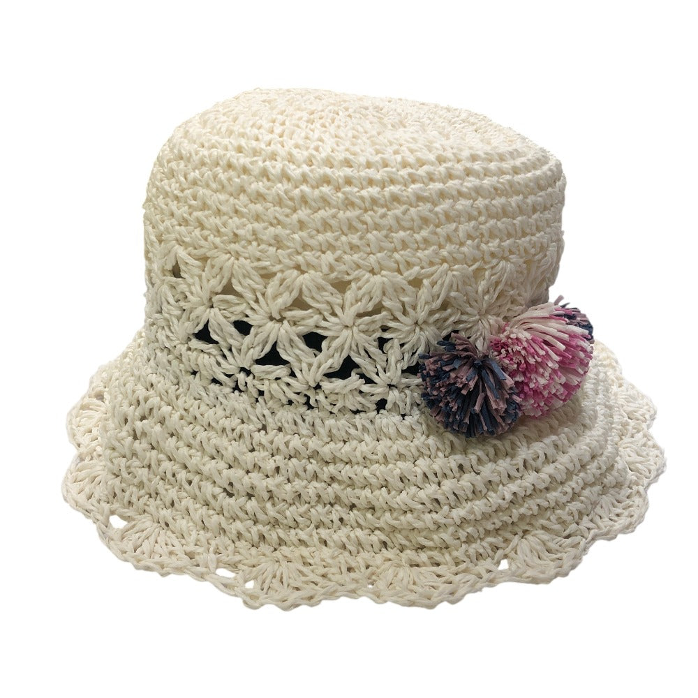 Accessoires de BEBE ベベ ペーパーハット ファッション小物 ポンポン付き ストロー ハット 紙 キッズ ホワイト