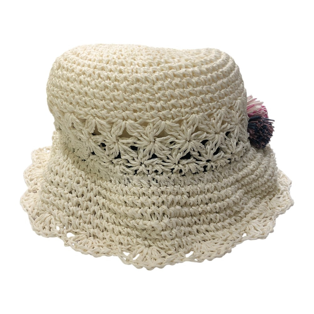 Accessoires de BEBE ベベ ペーパーハット ファッション小物 ポンポン付き ストロー ハット 紙 キッズ ホワイト