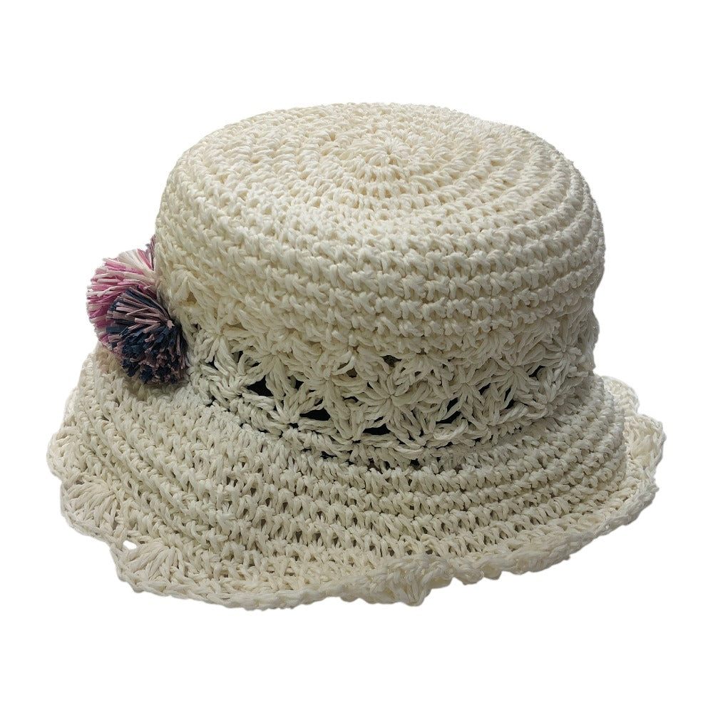 Accessoires de BEBE ベベ ペーパーハット ファッション小物 ポンポン付き ストロー ハット 紙 キッズ ホワイト