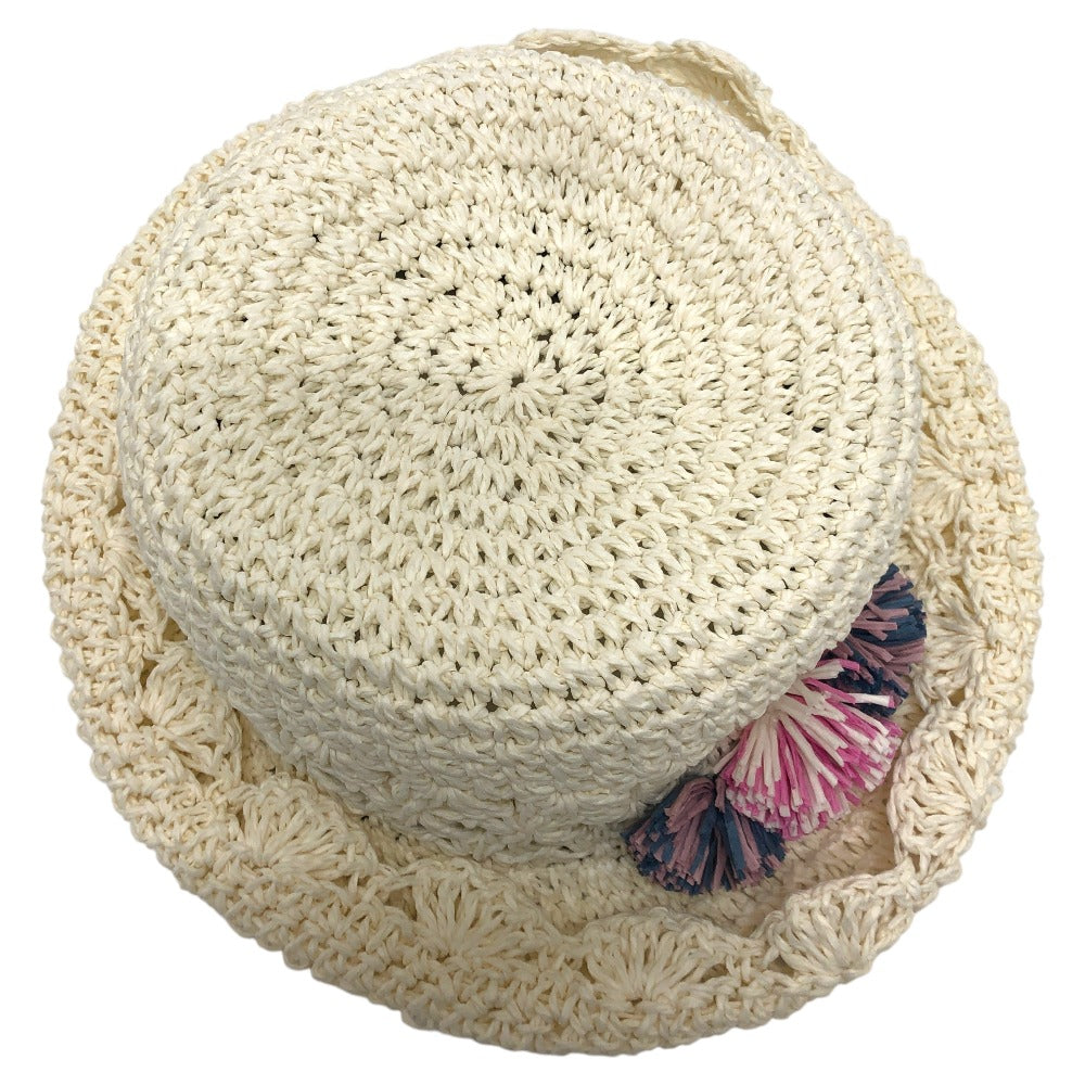 Accessoires de BEBE ベベ ペーパーハット ファッション小物 ポンポン付き ストロー ハット 紙 キッズ ホワイト
