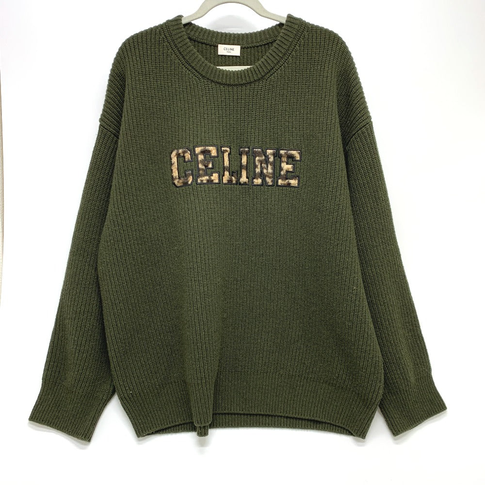 CELINE 2AB97 ロゴ レオパード 豹 ヒョウ柄 リブ網み ニット トレーナー トップス アパレル セーター ウール メンズ カーキ - brandshop-reference