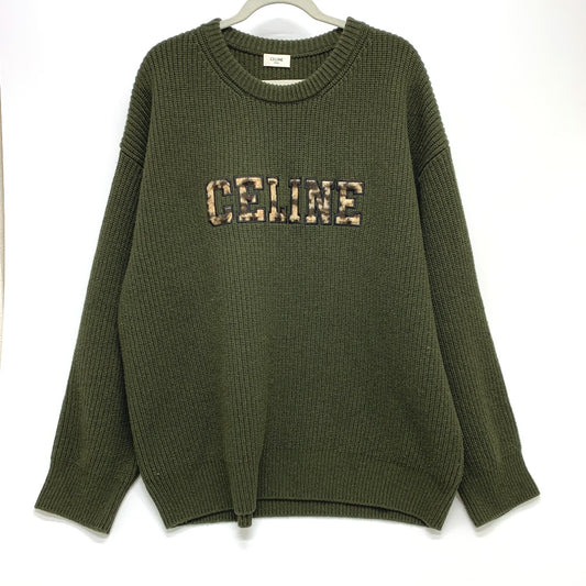 CELINE 2AB97 ロゴ レオパード 豹 ヒョウ柄 リブ網み ニット トレーナー トップス アパレル セーター ウール メンズ カーキ - brandshop-reference