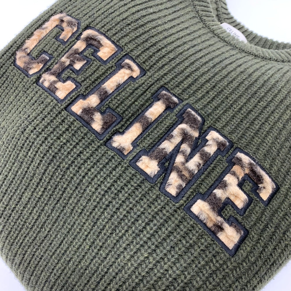 CELINE 2AB97 ロゴ レオパード 豹 ヒョウ柄 リブ網み ニット トレーナー トップス アパレル セーター ウール メンズ カーキ - brandshop-reference