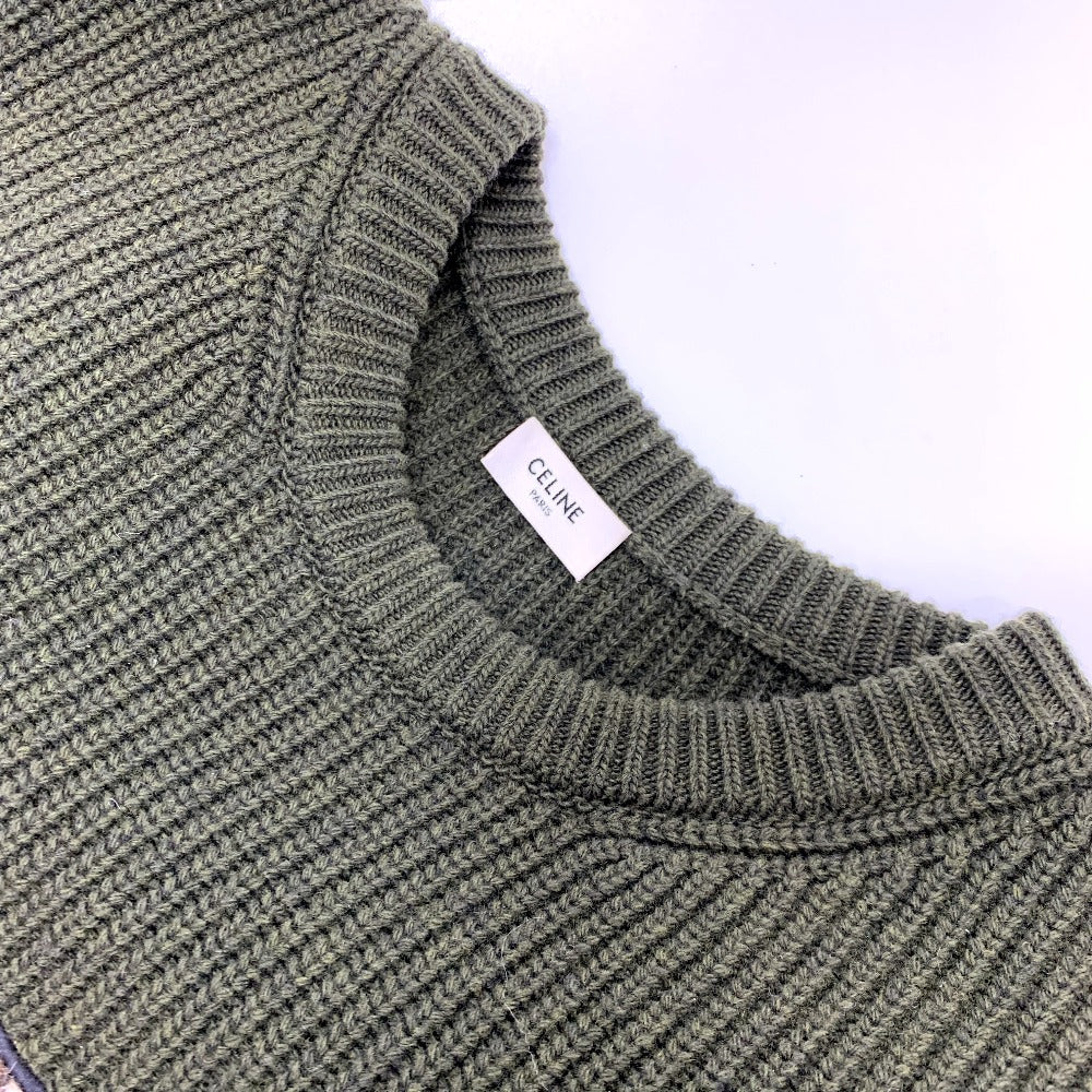 CELINE 2AB97 ロゴ レオパード 豹 ヒョウ柄 リブ網み ニット トレーナー トップス アパレル セーター ウール メンズ カーキ - brandshop-reference