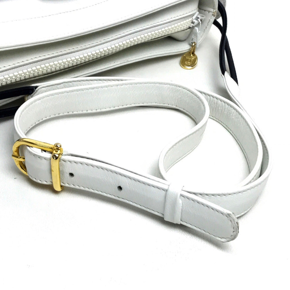 CELINE Ribbon Motif Shoulder Bag Leather Women's White x Black