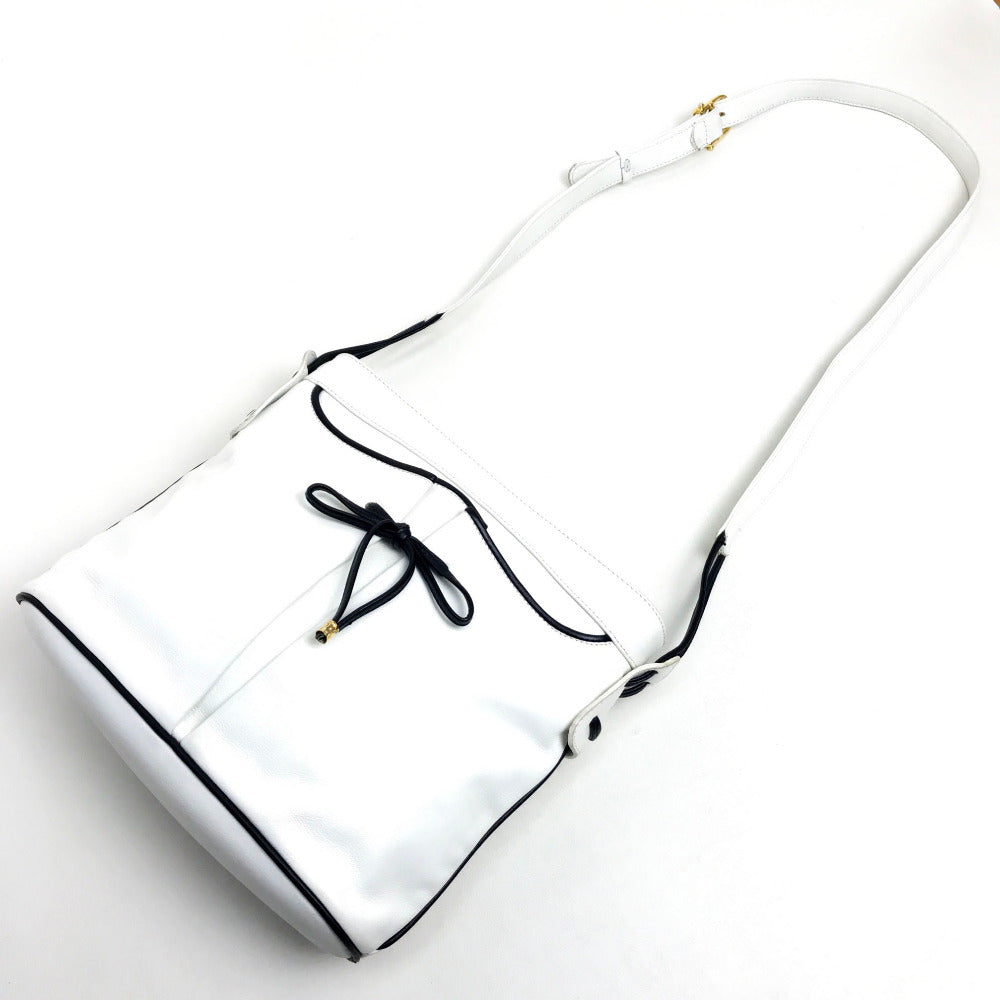 CELINE Ribbon Motif Shoulder Bag Leather Women's White x Black