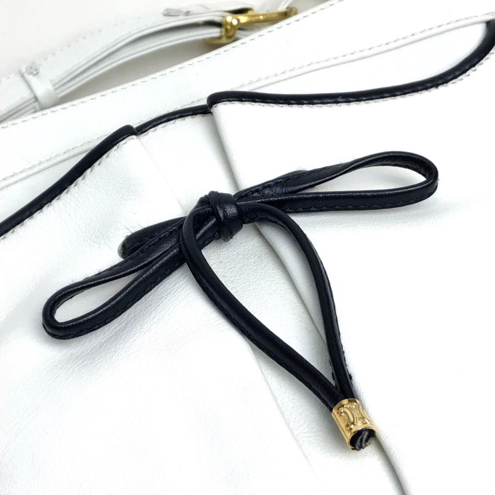 CELINE Ribbon Motif Shoulder Bag Leather Women's White x Black