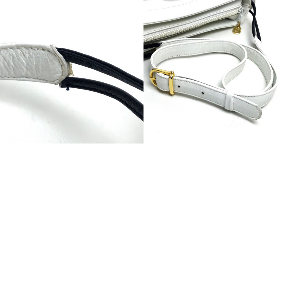 CELINE Ribbon Motif Shoulder Bag Leather Women's White x Black