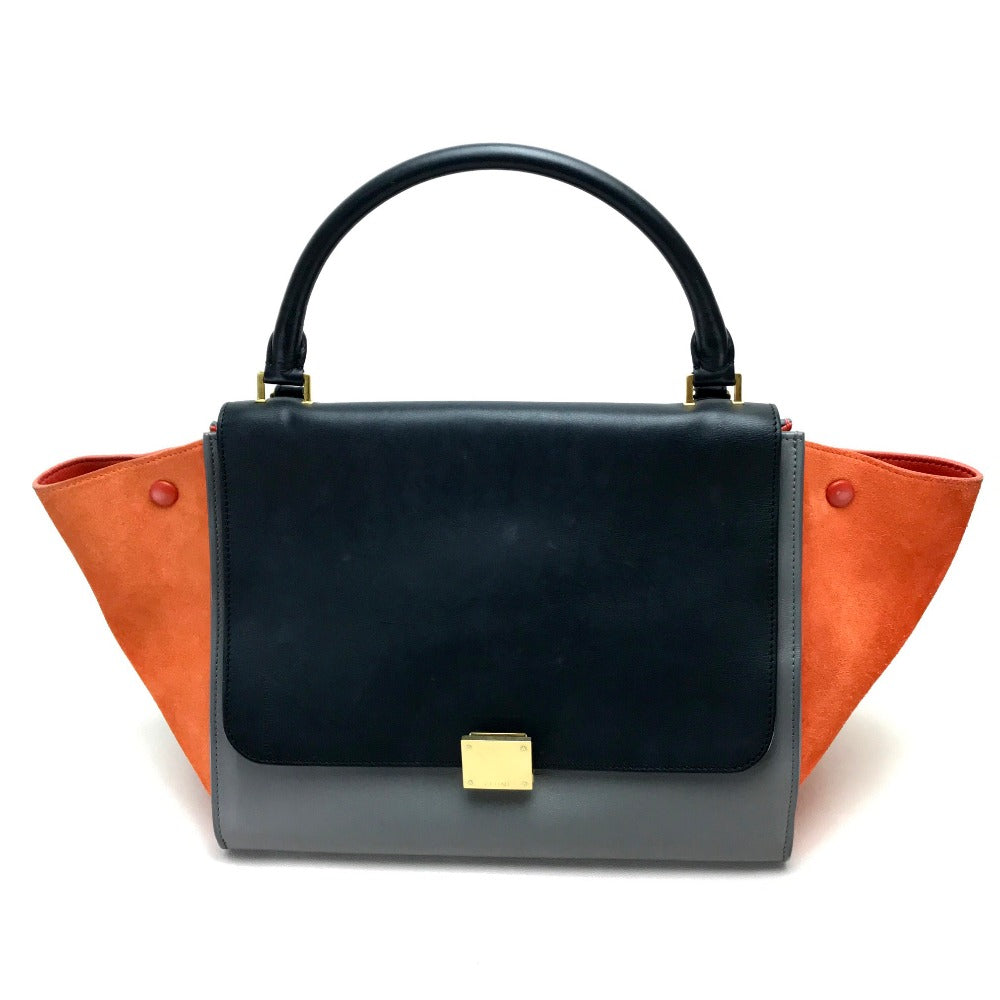 CELINE 2WAYハンドバッグ カバン トラペーズ ショルダーバッグ スエード/レザー レディース ブラック グレー×ブラック×オレンジ